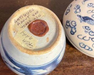 27_____$150 
Blue and white old antique chinese ginger jar (says 400 yrs)
28_____$100 
Blue and white old antique chinese round box