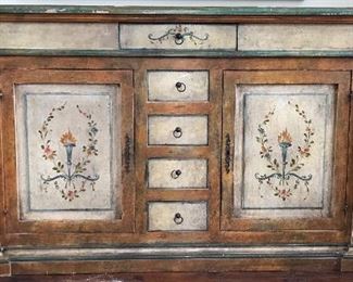 Antique 19th century monumental Italian painted console cabinet with hidden compartments, originally purchased from Neal Auction Company in New Orleans.