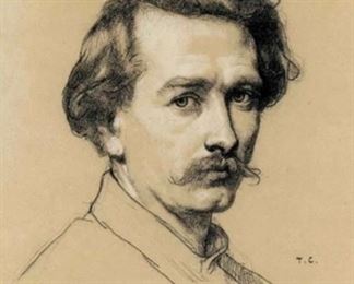 Portrait of Monginot by Thomas Couture, French, 1815-1879, black and white chalk; 19th century gold leafed frame; purchased from Sotheby's Auction House