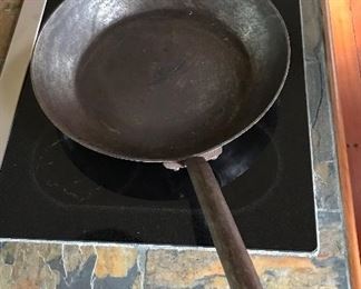 19th century, huge  (18” pan diameter) hammered iron skillet with applied handle