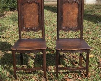 Great pair of hand carved antique hall chairs, straight back, small footprint