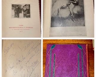 Degas”, 98 reproductions of his work, published by Vollard in 1914, number 233 of 275 copies, hard bound in beautiful magenta leather with Art Nouveau scrolls. Inscribed illegibly when given as a gift in 1964, fine condition, very rare. 