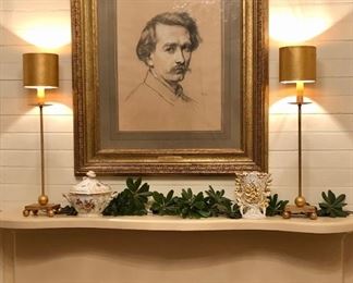 Handmade gold leafed lamps by Baton Rouge artist Winifred Ross Reilly, fine French porcelain, original work by Thomas Couture.