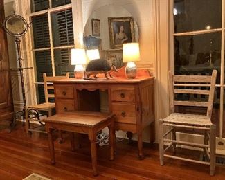 Rustic vintage handmade pine “dresser” with round mirror, authentic near matched pair of Acadian ladder back chairs. 