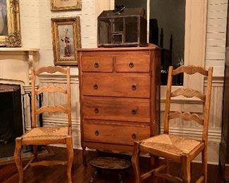 Matching pine tall chest with scalloped trim, pair of antique French ladder back chairs with rush bottom seats 