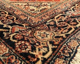 Antique rug, very clean, in excellent condition, beautiful deep blue and coral tones. 6’6” by 10’