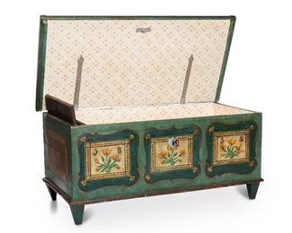 4008
A Pennsylvania Dutch Painted Wood Blanket Chest
1868; Pennsylvania
Marked: 1868
With tulip motif and various other floral motifs
22" H x 48.75" W x 23.5" D
Estimate: $400 - $600