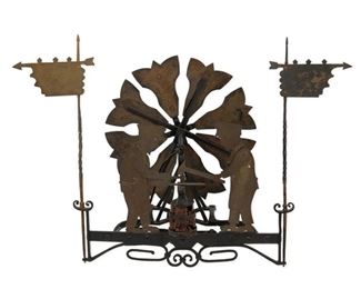 4009
An American Articulated Copper Blacksmiths Weathervane
20th century
Depicting two blacksmiths at a forge with wood barrel, tulip motif windmill, and flags on an iron frame
16" H x 22.625" W x 9.5" D
Estimate: $500 - $700