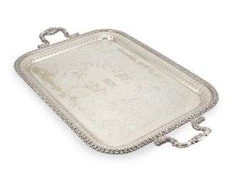4017
An English Silver-Plated Butler's Tray
Early 20th century
With maker's mark for Ellis-Barker Silver Co.
The large, handled tray with elaborate scrolled acanthus designs and pierced border
2" H x 30.5" W x 17.75" D
Estimate: $200 - $400