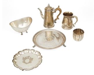 4018
A Group Of Georgian English Sterling Silver Holloware
Mid-18th/early 19th century
Five with English hallmarks for London and various maker's marks; one tray with illegible marks
Comprising a small teapot, a footed cup, two small trays, a fluted cup, and an oval sauce boat, 6 pieces
Largest: 6" H x 6.25" W x 3.25" D
39.775 gross oz. troy approximately
Estimate: $600 - $800