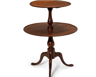 4025
An English Mahogany Tiered Tea Table
Late 19th century
With two round tiers raised on a tripodal pedestal base
38" H x 29.5" Dia.
Estimate: $600 - $800