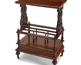 4026
An English Mahogany Canterbury
Early 19th century
With slatted lower area for storage and table top above; decorative carved scrollwork to each side and carved finials along the rail
32.75" H x 22.75" W x 14.75" D
Estimate: $400 - $600