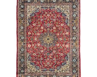 4029
A Najafabad Area Rug
Mid/late 20th century
Wool on cotton foundation, with polychrome floral motifs and central medallion on a red field
12'2" L x 9'4" W
Estimate: $600 - $800