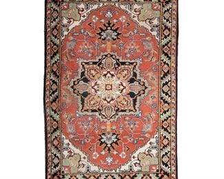 4031
A Heriz Area Rug
Late 20th century
Wool on cotton foundation, with a cream, tan, and black petal medallion on a red field
5' L x 3' W
Estimate: $300 - $500