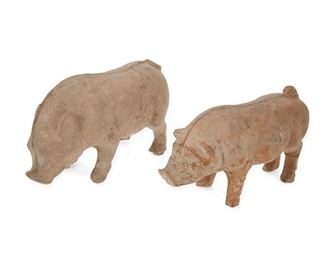 4036
Two Chinese Han-Style Terracotta Boar Figures
20th century or earlier
Each terracotta boar figure in the style of the Han Period (202 BCE–9 CE and 25–220 CE), 2 pieces
Largest: 8.25" H x 13.25" W x 4.5" D; smallest: 7.5" H x 12.5" W x 4.5" D
Estimate: $100 - $200