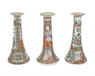4041
Three Chinese Rose Medallion Porcelain Candlesticks
Circa 1890-1920
Each marked: China
Each famille rose porcelain with a Rose Medallion pattern and polychrome enamel decoration of alternating figural and avian medallions surrounded by flowers, 3 pieces
Largest: 8.5" H x 4" Dia.
Estimate: $300 - $500