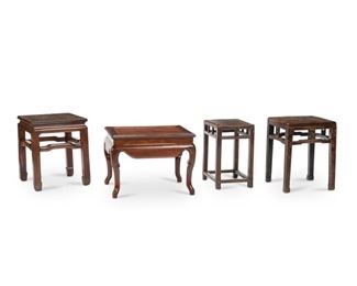 4043
A Group Of Chinese Side Tables
19th/20th century
Comprising four carved wood side tables of various shape and design, 4 pieces
Largest: 18" H x 24" W x 19" D; smallest:19.25" H x 15.5" W x 11.75" D
Estimate: $400 - $600