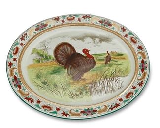 4056
A Wedgwood "Formosa" Turkey Pottery Platter
Early 20th century
Marked for Wedgewood; further marked: Formosa / Etruria England
With underglaze hand-painted scene depicting a pair of turkeys in a field and a "Formosa" border
1.75" H x 23.25" L x 19.25" W
Estimate: $200 - $400