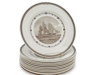 4057
A Set Of Wedgwood "American Clipper Ship" Porcelain Plates
Circa 1930s-40s
Each with impressed Wedgwood mark and backstamp
Each glazed white, transfer ware porcelain plate centering an depiction of a clipper ship surrounded by a rope-style rim, 12 pieces
9.5" Dia.
Estimate: $500 - $700