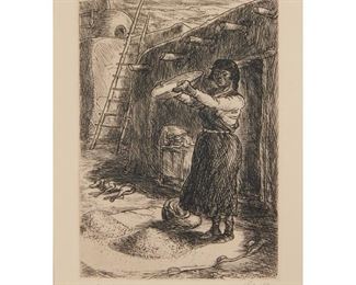 4070
John Sloan
1871-1951
"Winnowing Wheat," 1937
Etching on paper
From the intended edition of 100
Signed, titled, and inscribed in pencil in the lower margin: John Sloan/ 100 proofs
Plate: 5.75" H x 4" W; Sight: 7" H x 5" W
Estimate: $700 - $900