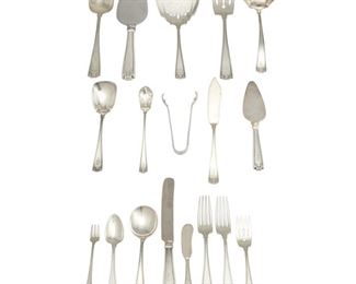 4075
A Gorham "Etruscan" Sterling Silver Flatware Service
Circa 1913-1991
Each marked for Gorham and sterling
Designed 1913 by William C. Codman, comprising 10 hollow-handled Old French dinner knives (9.75"), 1 hollow-handled New French dinner knife (9.625"), 1 hollow-handled New French place knife (9.5"), 12 butter spreaders (5.75"), 1 master butter knife (7"), 12 place forks (7.625"), 12 pastry forks (6"), 8 cocktail forks (5.375"), 12 teaspoons (5.875"), 6 gumbo spoons (6.625"), 1 sugar spoon (5.875"), 1 pair of sugar tongs (4.25"), 1 pierced olive spoon (5.75"), 1 gravy ladle (7"), 1 tomato server (7.875"), 3 serving/tablespoons (8.375"), 1 cold meat serving fork (8.5"), 1 hollow-handled cheese server (6.125"), and 1 hollow-handled pie server (10.125"), 86 pieces
Weighable sterling: 79.16 oz. troy approximately
Estimate: $1,000 - $1,500