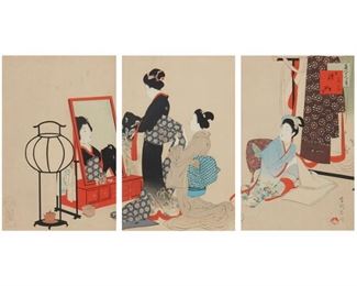 4084
Miyagawa Shuntei
1873-1914
Triptych Of Geishas
Woodblock on paper
Appears to have signatures or artist or publisher seals in the lower right, lower left and upper right; with red chopmark in the image at lower right
Total sight: 13.75" H x 28" W
Estimate: $300 - $500