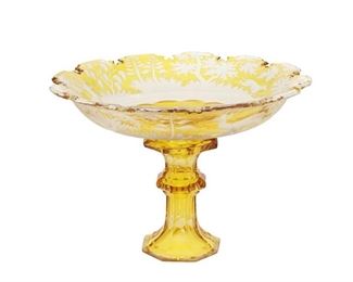 4095
A Bohemian Cut-Glass Compote
Late 19th/early 20th century
The art glass compote intaglio cut from amber to clear with stags along a scalloped rim
7.125" H x 10.125" Dia.
Estimate: $300 - $500