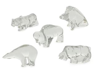 4121
A Group Of Baccarat Crystal Animal Figures
Late 20th century
Each marked for Baccarat
Comprising a polar bear, a boar, a bison, a tiger, and a bull, 5 pieces
Largest: 5" H x 2.75" W x 7.25" D
Estimate: $300 - $500