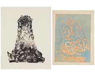 4128
Arthur Secunda
20th-21st century
"Cathedral Engloutie In Pale Blue," Circa 1972; And "Refuge," Circa 1971
Etching and aquatint in colors on wove paper; and lithograph on wove paper
A trial proof; and an artist's proof, respectively, apart from the editions of unknown size
Each: Signed, titled and inscribed in pencil in the lower margin: Secunda; the first inscribed "T proof;" the second inscribed "AP"
Plate of first: 23.125" H x 16.875" W; Image of second: 23.25" H x 18.5" W
Estimate: $200 - $400