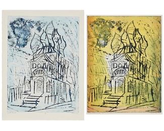 4129
Arthur Secunda
20th-21st century
"Winter Church," Circa 1968; And "Russian Church At Noon"
Each: Etching and aquatint in colors on wove paper
Edition: 18/50; and a trial proof, respectively, apart from the editions of unknown size
Each: Signed, titled, and numbered or inscribed in pencil in the lower margin. The first signed: Secunda and numbered 18/50; the second signed: Arthur Secunda and inscribed "TP"
Plate of first: 26" H x 19.25" W; Plate of second: 25.875" H x 19.5" W
Estimate: $200 - $400
