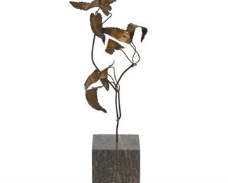 4131
A Curtis Jere Abstract Foliate Metal Sculpture
1967
Signed and dated in ink on lower leaf: C. Jere / '67 ©
Welded sheets of brass to form leaves attached to a wire frame, mounted to black marble base
Overall: 17.25" H x 6" W x 4.5" D
Estimate: $600 - $800