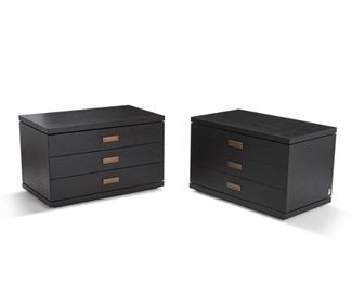 4133
A Pair Of Armani Casa Nightstands
21st century
Each with Armani metal label to bottom edge
Each dark wood with three drawers and brass pulls, 2 pieces
Each: 18" H x 28.375" W x 16.75" D
Estimate: $800 - $1,200