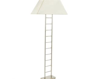 4134
A Contemporary Chrome Laddered Floor Lamp
Mid/Late 20th century
With tubular, ladder-style chromed metal frame on a rectangular base with one central up-light and cream, electrified
Overall: 87" H x 36" W x 12" D
Estimate: $200 - $400
