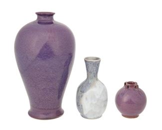 4139
Brother Thomas Bezanson
1929-2007, Canadian
Two Purple Vases And One Mottled White Vase, Circa 1980s
Each glazed porcelain
Each with incised cipher and variously signed
3 pieces
Largest: 12.5" H x 6.5" Dia.; smallest: 4" H x 3.5" Dia.
Estimate: $600 - $800