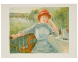 4147
After Pierre-Auguste Renoir
1841-1919
"Alphonsine Fournaise," 1992
Color lithographic reproduction on wove paper
Edition 874/950, printed posthumously
Estate signed by the artist's grandson, Paul Renoir, together with a blindstamp of the artist's name in the lower margin at right; the Mourlot Paris blindstamp in the lower left margin corner
Image: 18.25" H x 23.25" W; Sheet: 21.25" H x 29.75"W
Estimate: $100 - $200