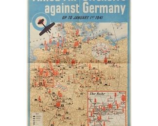 4148
WWII Poster
"Allied Air Offensive against Germany up to January 1st, 1941"
Lithograph in colors on paper
From the edition of unknown size and date
With the printed text in the lower margin, at right: Printed for H. M. Stationery Office by J. Weiner, Ltd., London
Sheet: 30" H x 19.875" W
Estimate: $200 - $400