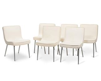 4150
Christian Werner (B. 1959)
Six Christian Werner for Linge Roset dining chairs
Circa 1990s; France
Cloth tag to the underside of each marked: Linge Roset / Made in France
Each upholstered in woven ivory fabric with aluminum legs, 6 pieces
Each: 31.25" H x 19.5" W x 16" D
Estimate: $600 - $800