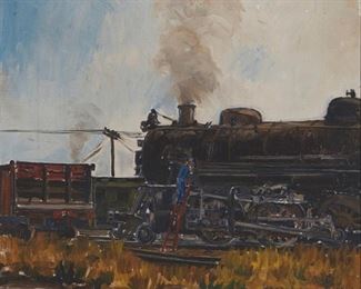 4149
Henry Carter Johnson
1908-1996
Locomotive Mechanic In A Rail Yard, 1933
Oil on canvas
Incised signature and date at the lower right: Carter Johnson Aug 33
22" H x 24.5" W
Estimate: $500 - $700