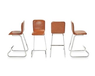 4151
Four Stendig "Prometheus" High Stools
1979
Each with paper label: Made in Italy
Model no. 151B, each bar stool with sienna brown Naugahyde upholstered seat and back on a cantilevered chromed metal base with foot rest, 4 pieces
Each: 42.5" H x 15.25" W x 23" D
Estimate: $600 - $800