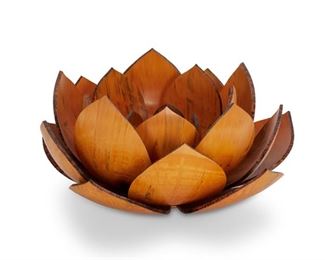 4155
Michael Patrick Smith (B. 20th Century)
"Lotus Flower"
Signed: Michael Smith / Hawaii / 34
A stacking, multipart sculpture in Norfolk Island Pine with pyrography accents, a signature of the artist
5 pieces
Estimate: $600 - $800