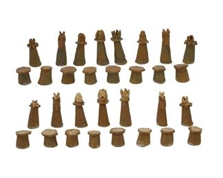 4158
Thomas Larkin
b. 20th century
A Modernist Chess Set In Gold And Greenish Brown
Painted ceramic
Appears unsigned
16 pieces
Largest: 4.25" H; smallest: 1.75" H
Estimate: $400 - $600