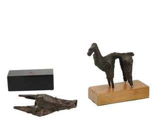 4159
Thomas Larkin
b. 20th century
Two Works: "Landscape: Somme," 1982; An Abstract Figural Sculpture, Circa 1980s
Each patinated bronze on wood base
The first signed, dated, titled, and inscribed to underside: T. Larkin / 82 / Landscape: Somme / Bronze
2 pieces
The first: 8.125" H x 3" W x 2.25" D; the second: 6.75" H x 7.75" W x 3.5" D
Estimate: $200 - $400