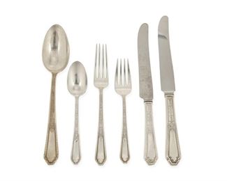 4160
A Towle "D'Orleans" Sterling Silver Partial Flatware Service
Circa 1923-1996
Each marked for Towle and sterling
Designed 1923 by Harold E. Nock, comprising 2 hollow-handled New French dinner knives (9.5"), 3 hollow-handled New French place knives (8.875"), 4 place forks (7.125"), 6 luncheon forks (6.125"), 2 tablespoons (8.25"), and 5 teaspoons (5.875"), 22 pieces
Weighable sterling: 20.25 oz. troy approximately
Estimate: $300 - $500