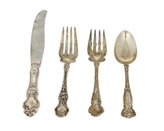 4161
A Wallace "Violet" Sterling Silver Flatware Service
Circa 1904-1996
Designed 1904 by Henrick Hillbom, comprising 5 hollow-handled Modern dinner knives (9.5"), 2 hollow-handled Modern place knives (9.25"), 2 hollow-handled Modern luncheon knives (8.875"), 11 place forks (7.5"), 8 salad forks (6..125"), and 7 teaspoons (6"), together with 1 mismatched salad fork, 36 pieces
Weighable sterling: 33.02 oz. troy approximately
Estimate: $600 - $800
