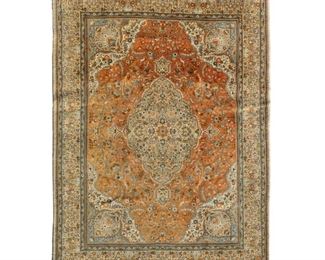4168
A Taba Tabriz Area Rug
Late 20th century
Wool on cotton foundation, with a central cream, orange, and light blue concentric medallion on an orange field and with a repeating human figural border
11'5" L x 9' W
Estimate: $600 - $800
