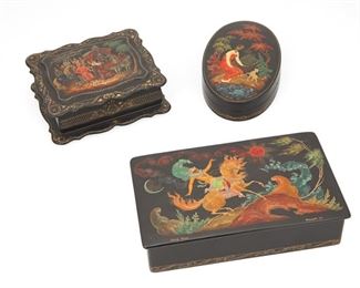 4180
A Group Russian Lacquered Boxes
Circa 1970s
One signed: H. Boakob / 4772 / 1976; one signed: Xophualo / 1975; all further marked: Made in USSR
Comprised of three boxes, likely Fedoskino Soviet-era, each depicting a different scene from a Russian fairytale, 3 pieces
Largest: 6.625" L x 3.875" W x 1.5" H; smallest: 5.625" L x 3.125" W x 1" H
Estimate: $300 - $500