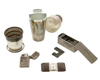 4188
A Group Of Miniature Travel Items
Early 20th century
With various maker's marks
Comprising a small silver-plated cocktail shaker, a Modavo "Ermeto" Chronometre travel clock, an unmarked silver lighter, a small knife, a miniature dominoes set, and a Gorham sterling silver collapsible cup with case, 6 pieces
Largest: 6.375" H x 2.5" Dia.
2.35 oz. troy approximately
Estimate: $400 - $600