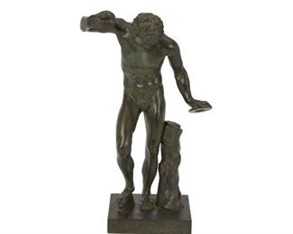 4200
After Giovanni Battista Foggini
1652-1725
Dancing Faun With Cymbals
Patinated bronze on a base
Modeled after various copies of a Hellenistic marble statue in the Galleria degli Uffizi, Florence; appears unsigned
11" H x 7" W x 3.25" D; with base: 11.75" H x 7" W x 4" D
Estimate: $300 - $500