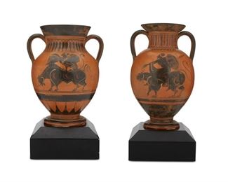 4202
A Pair Of Classical-Style Pottery Urn
Late 20th/early 21st century
The handled ceramic vase in the style of a Greek black-on-red jug depicting a harpy riding a bull and a swan riding a lion mounted on a black wood base
12.75" H x 8" Dia.; with base: 16.5" H x 8" W x 8" D
Estimate: $600 - $800