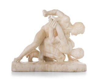 4204
An Italian Marble Sculpture After "The Pancrastinae"
Late 19th century
Appears unsigned
Modeled after a Roman marble sculptural group of this title, itself based on a lost Greek original, in the Gallerie degli Uffizi, Florence
11.75" H x 15" W x 8.5" D; with base: 13.25" H x 16" W x 8.5" D
Estimate: $500 - $700